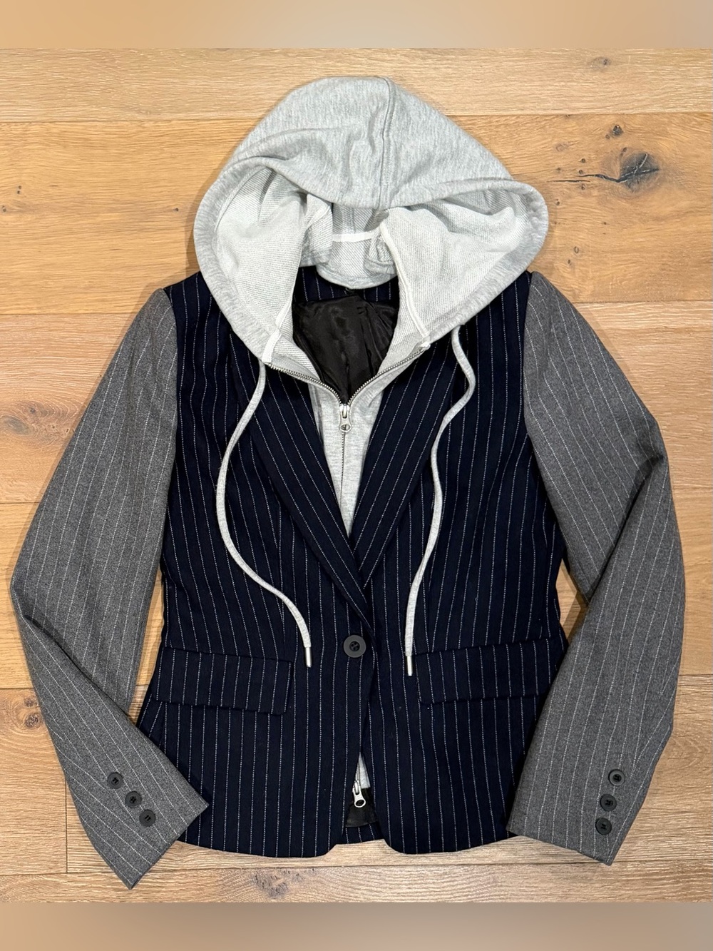 CENTRAL PARK WEST Colorblock Pinstripe Wool Blend Blazer Detachable Hoodie Sz S